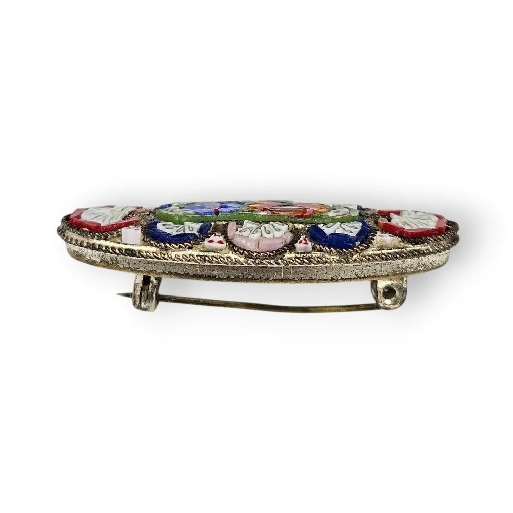 Vintage Mosaic Flower Brooch RM Italy Multicolor Colorful Italian Oval 1.5